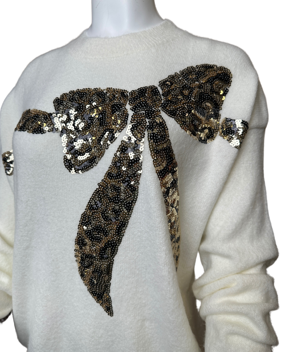 Animal Print Bow Sequin Detail Sweater in Cream - Blackbird Boutique