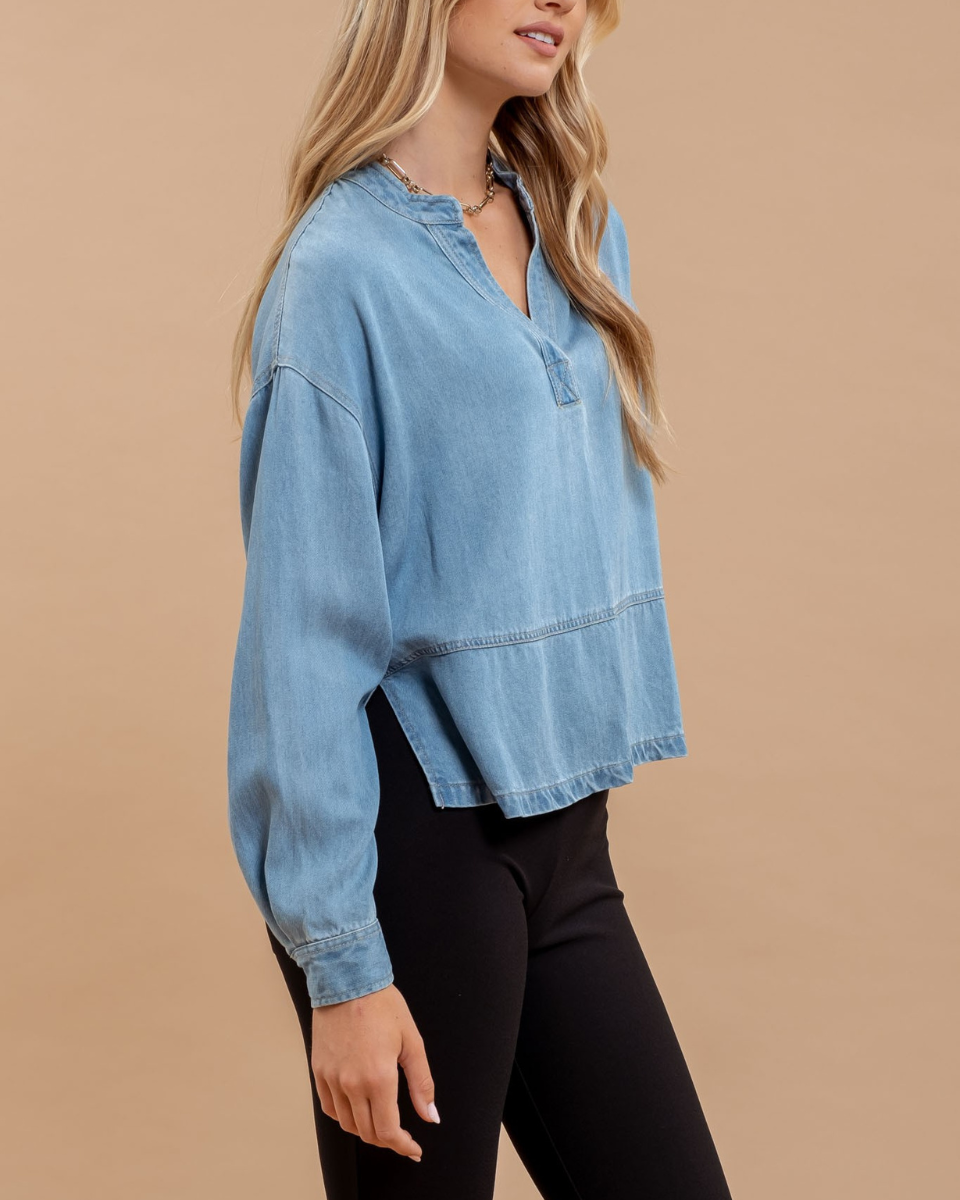 Long Sleeve Side Slit Denim Top