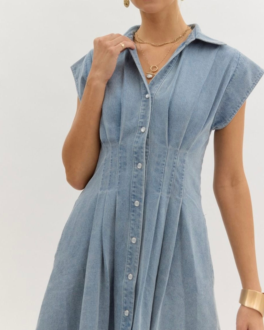 Denim Midi Dress in Light Blue - Blackbird Boutique