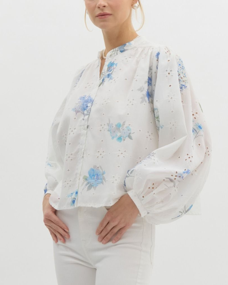 Floral Print Eyelet Dolman Sleeve Top In Blue Combo