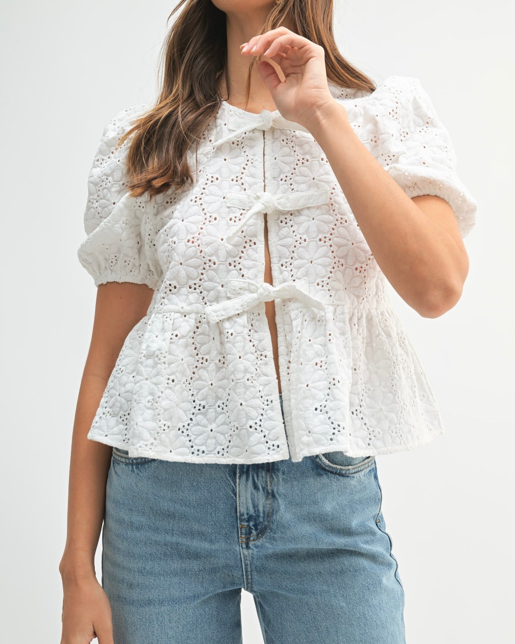 Eyelet Puff Sleeve Bottom Ruffle Front Tie Top in Off White - Blackbird Boutique