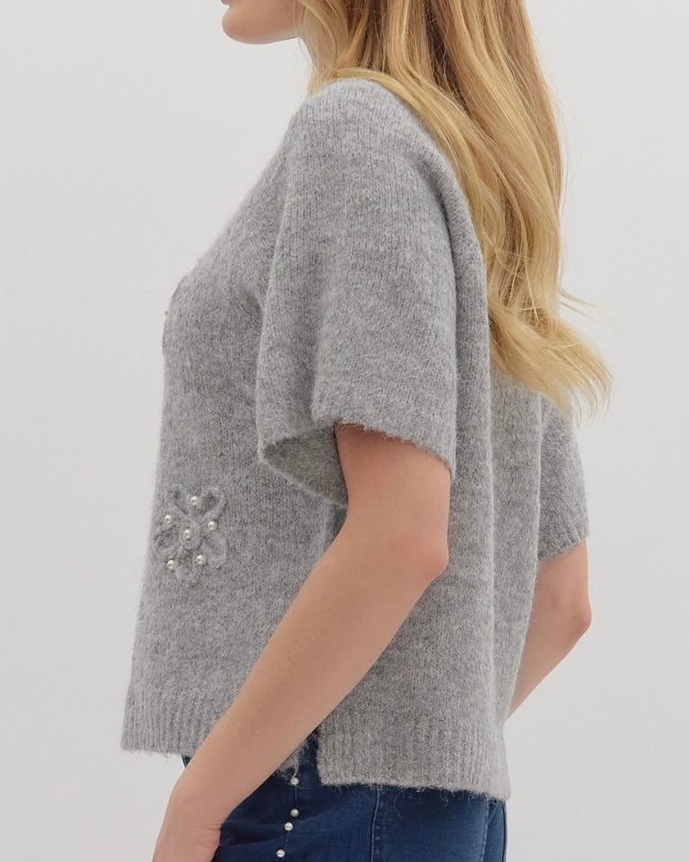 Super Soft Short Sleeve Sweater with Pearl Accents - Blackbird Boutique