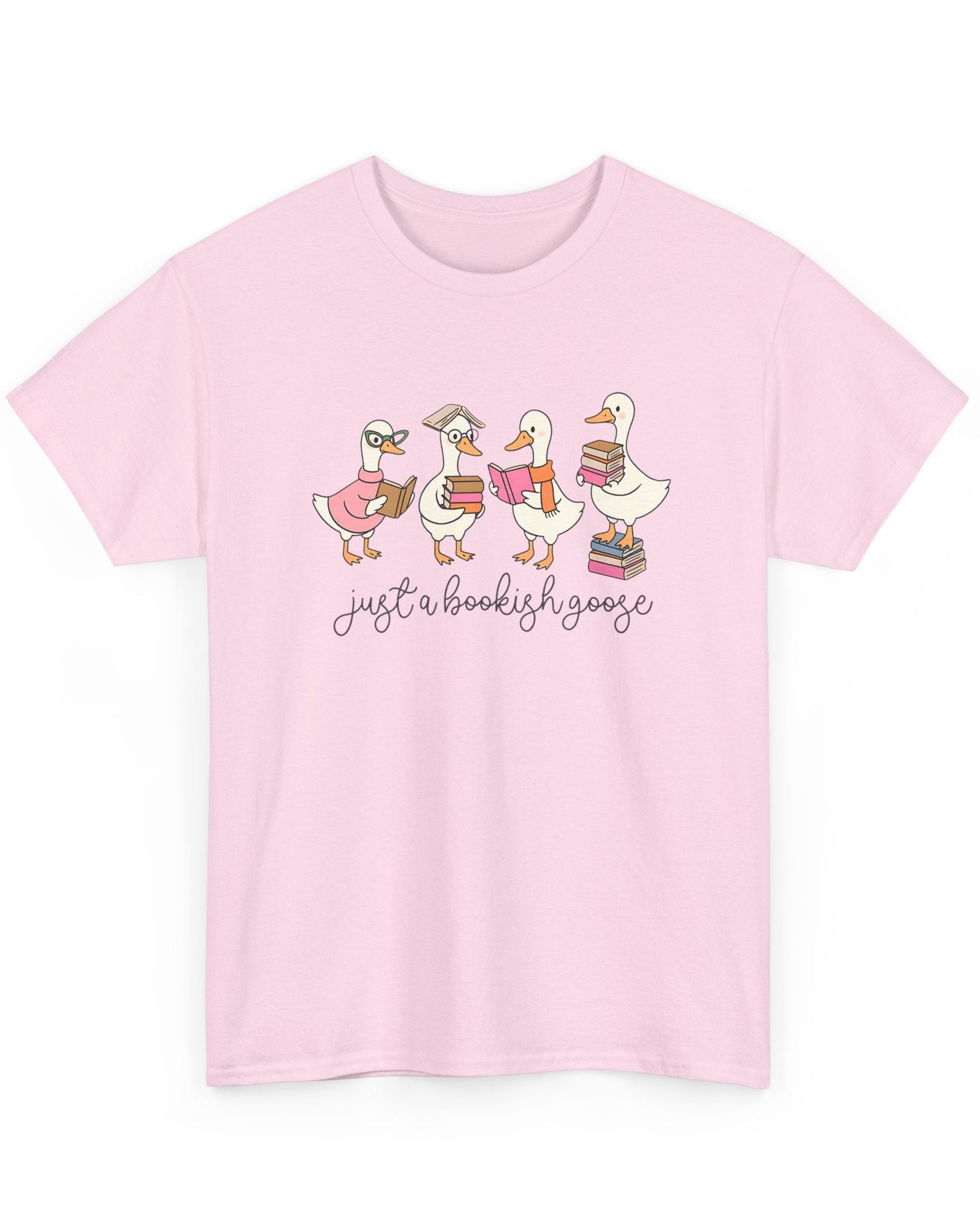 Pink t-shirt with cartoon geese and text on a white background