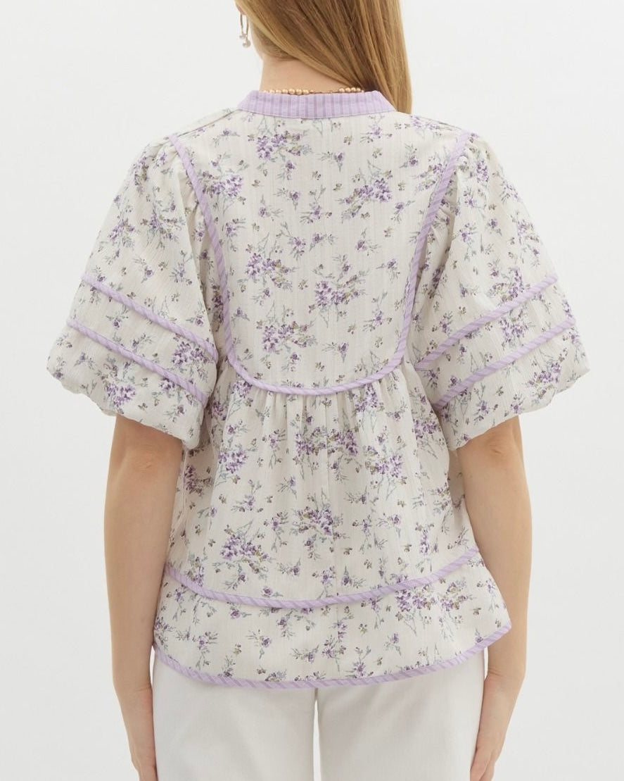 Floral Print Bubble Sleeve Pullover Top in Lavender Mix