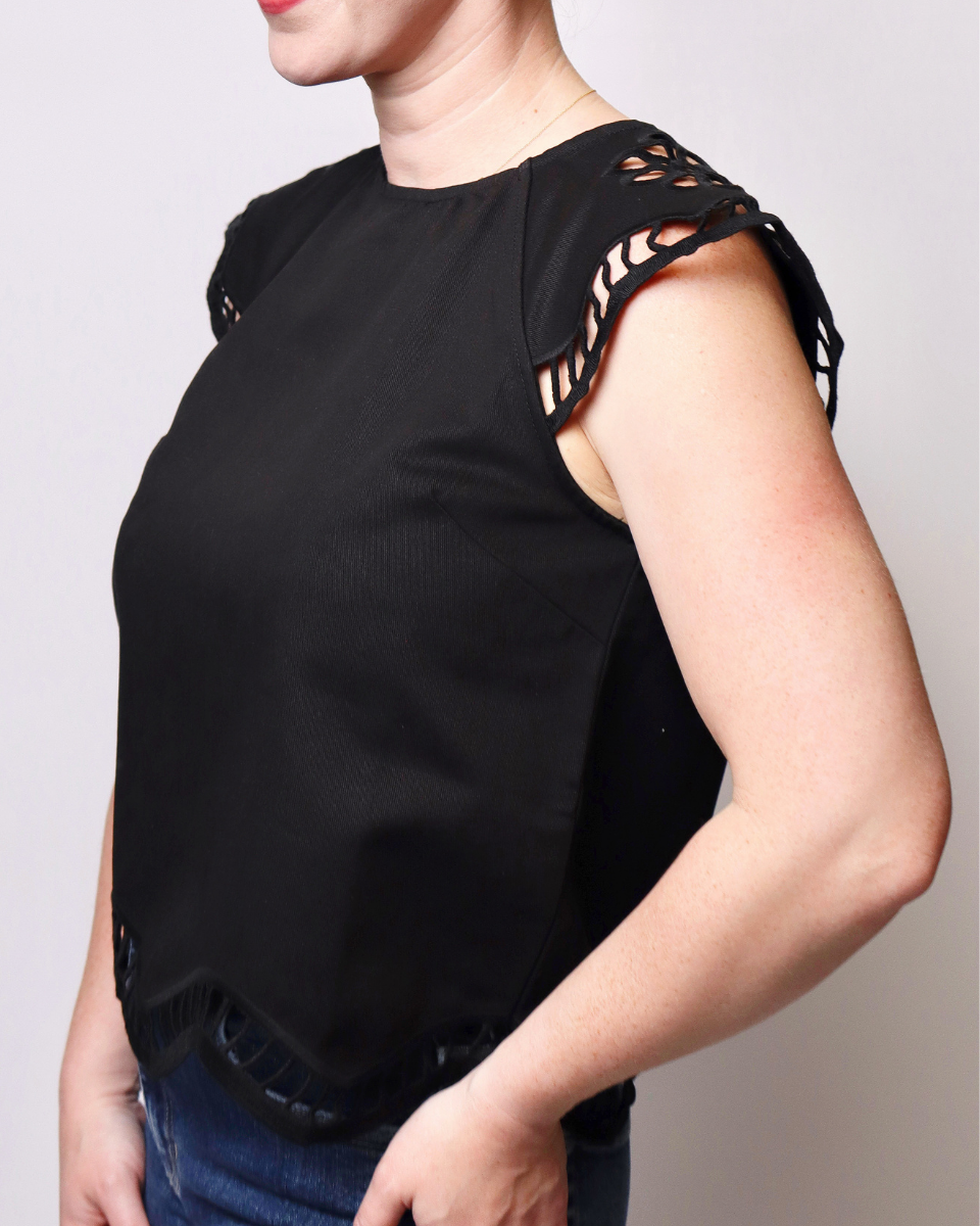Emmy Embroidered Cut-Out Cap Sleeve Top in Black