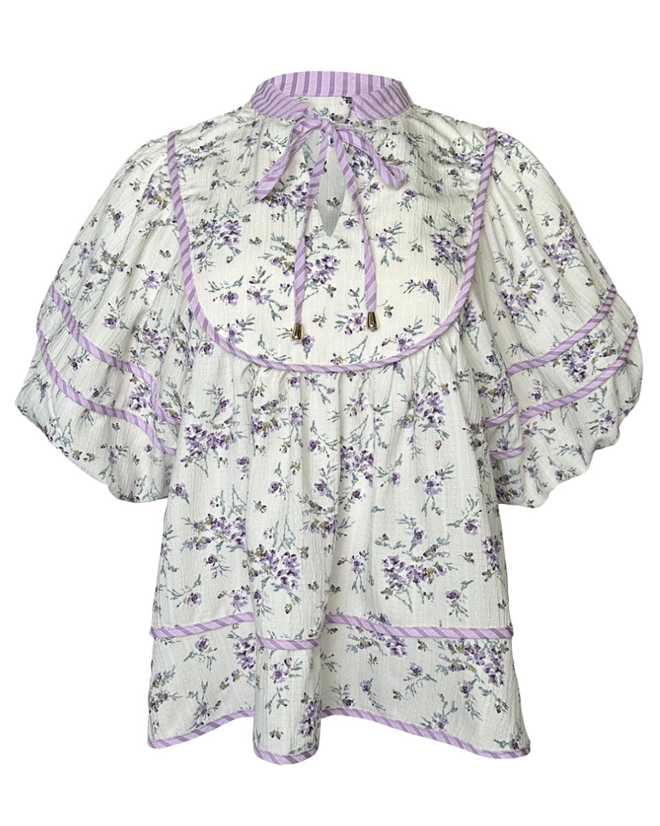 Floral Print Bubble Sleeve Pullover Top in Lavender Mix