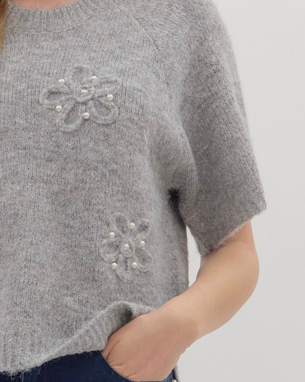 Super Soft Short Sleeve Sweater with Pearl Accents - Blackbird Boutique