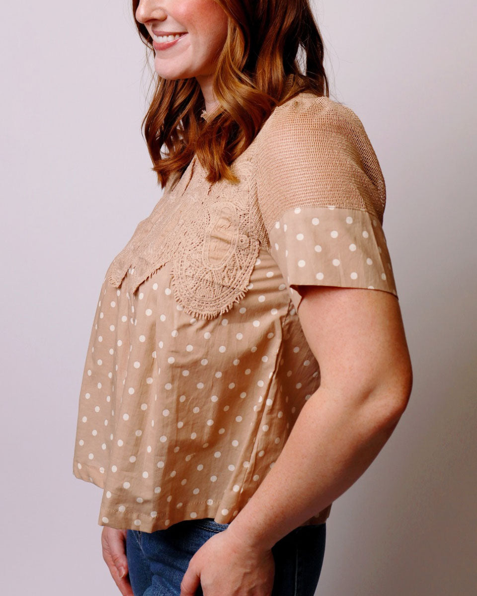 Elaina Polka Dot Lace Trim Cotton Blouse