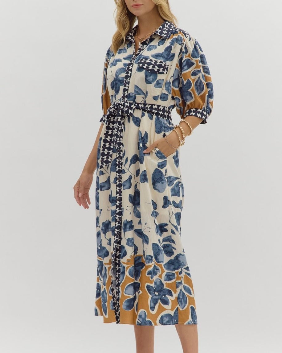 Botanical Print Midi Shirt Dress