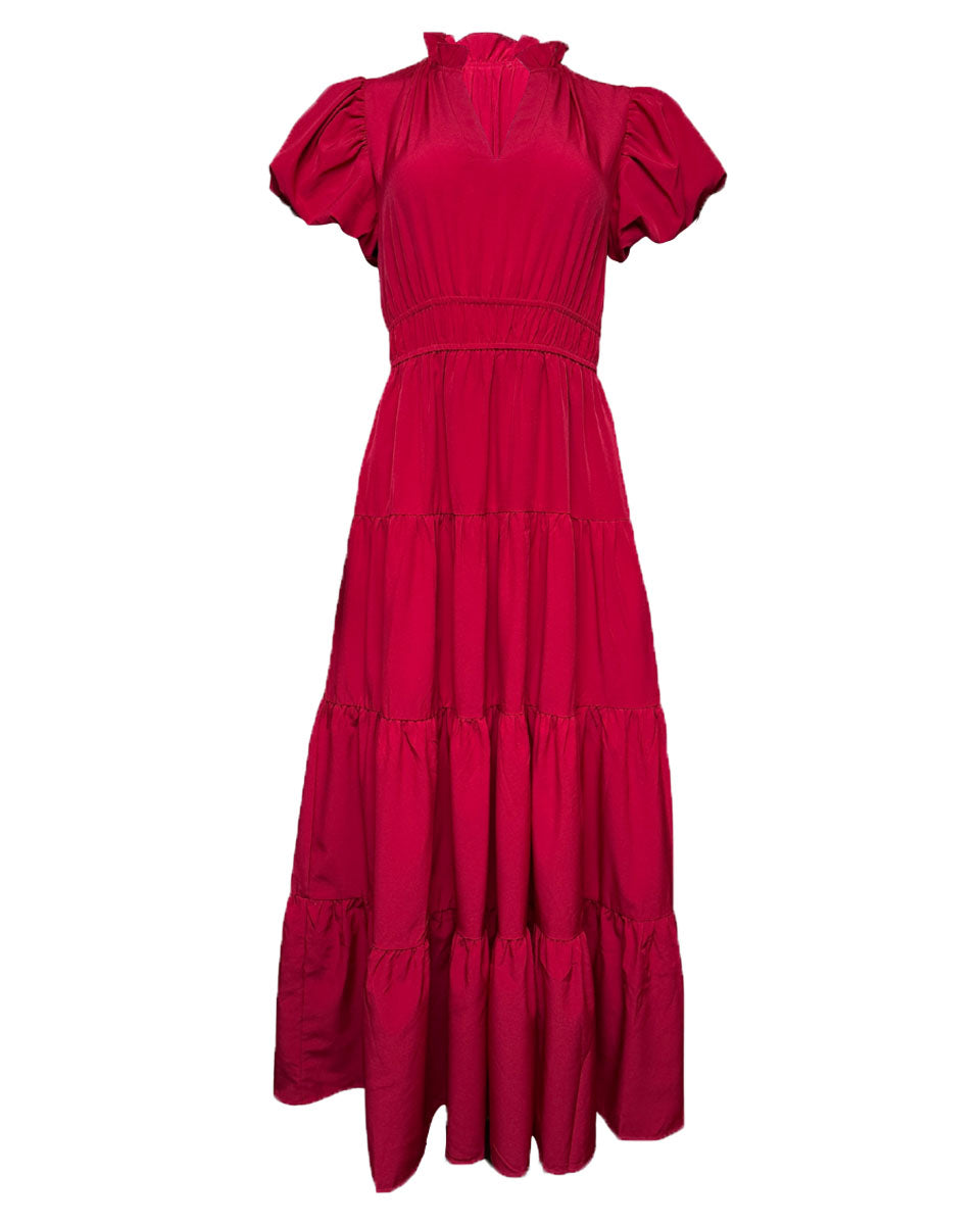 Tiered Midi Dress with Bubble Sleeves in Burgundy