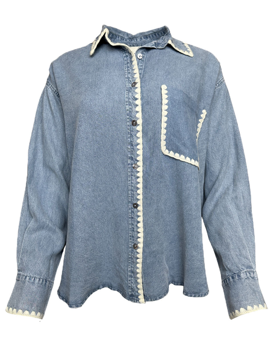 Chambray Long Sleeve Collared Top with Stitching Detail - Denim Blue - Blackbird Boutique