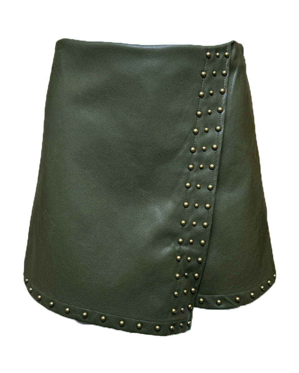 Studded Stretch Faux Leather Wrap Skort in Olive - Blackbird Boutique