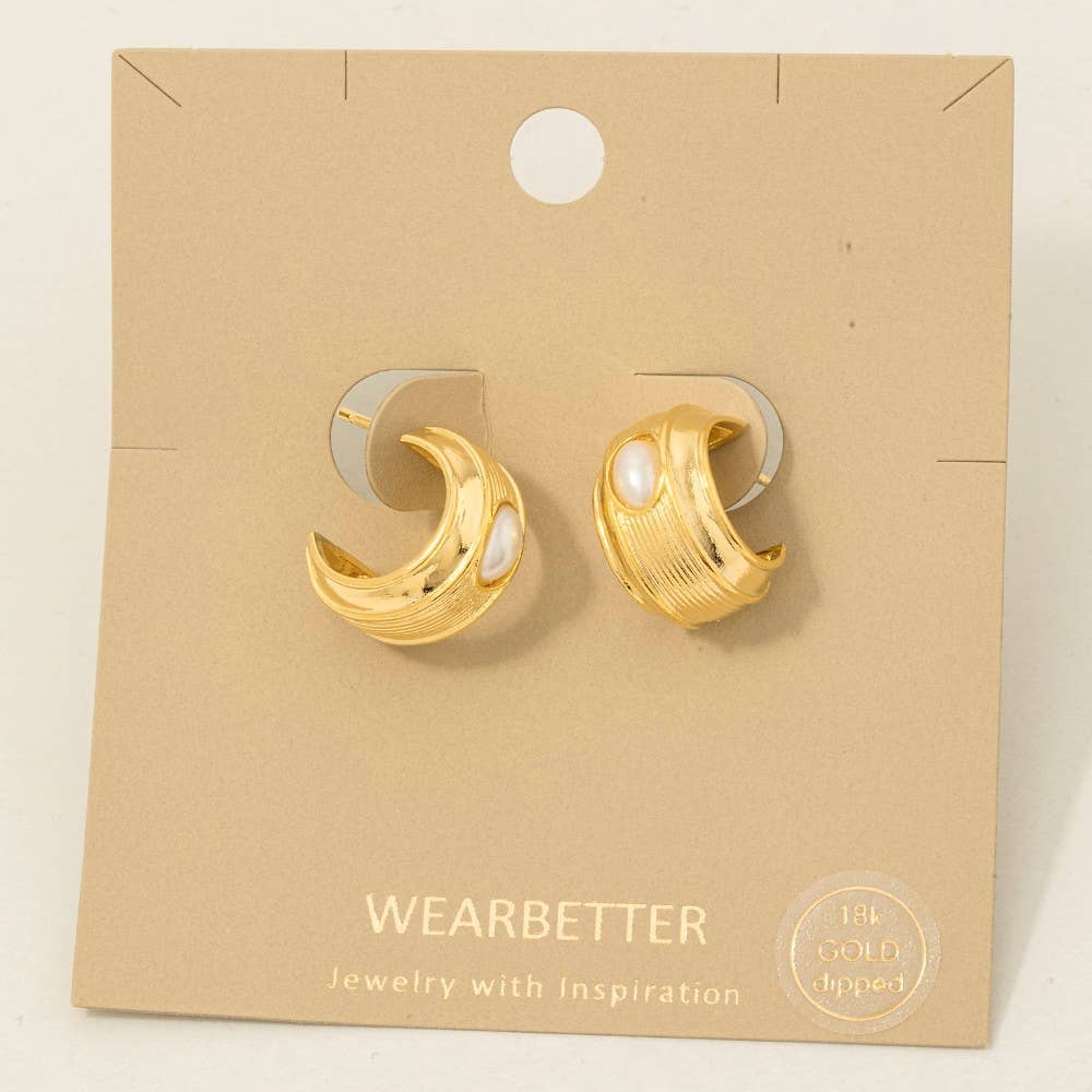 Gold Dipped Oval Pearl Stud Wide Hoop Earrings - Blackbird Boutique