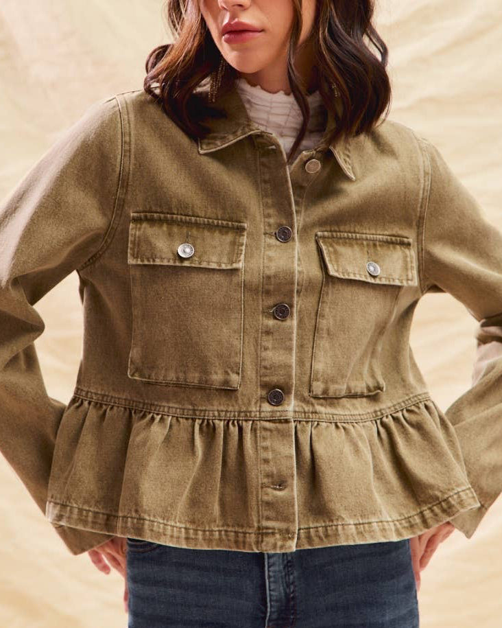 Aria Denim Peplum Hem Front Button Jacket