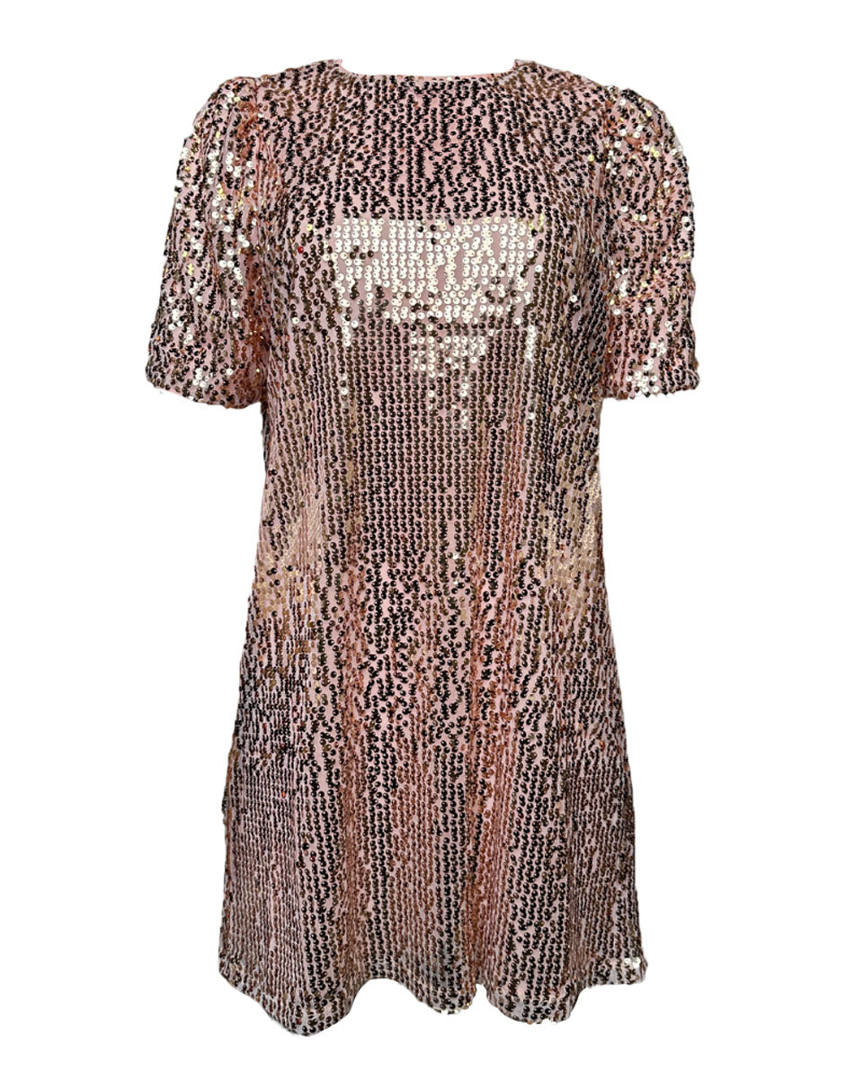 Round Neck Puff Shoulder Sequin Dress in Rose Gold - Blackbird Boutique