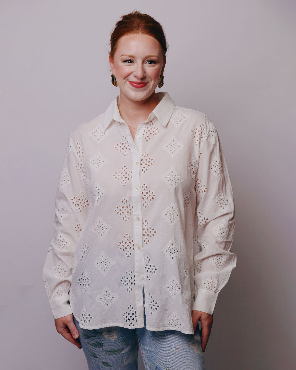 Judy Embroidered Motifs Eyelet Cutwork Button-Front Shirt
