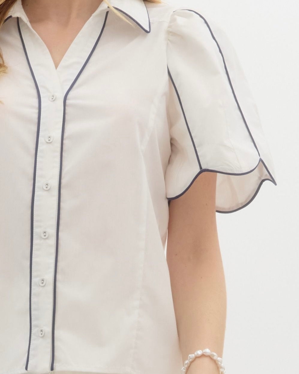 Solid Collared Button Down with Accented Contrast Piping in White - Blackbird Boutique