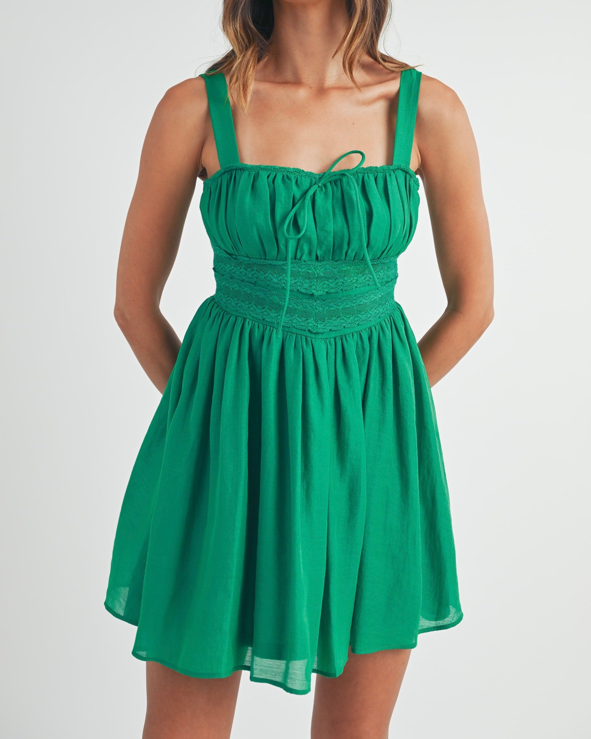 Lace Trimmed Gathered Bust Mini Dress in Kelly Green - Blackbird Boutique