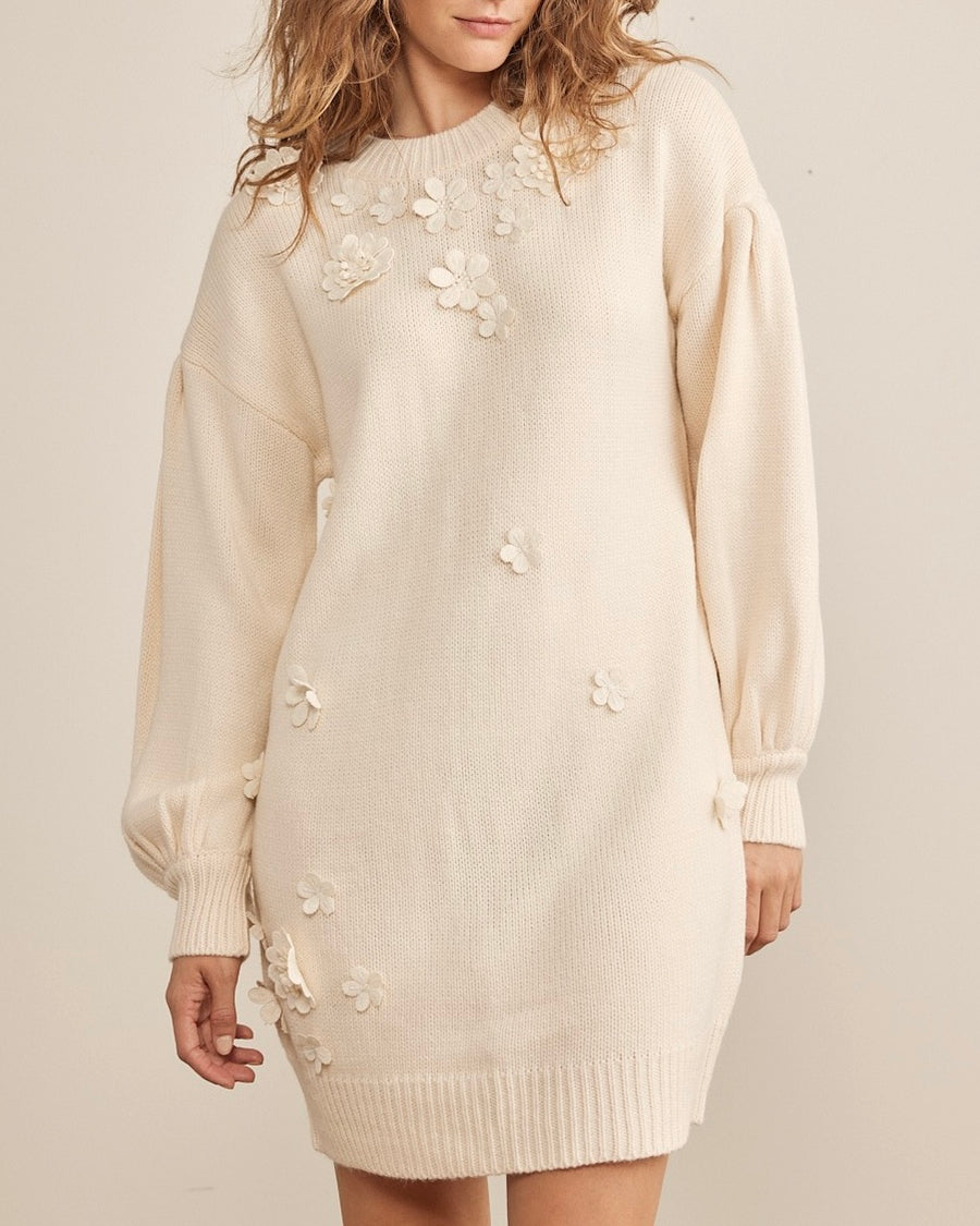 Floral Applique Relaxed Fit Sweater Mini Dress in Cream - Blackbird Boutique