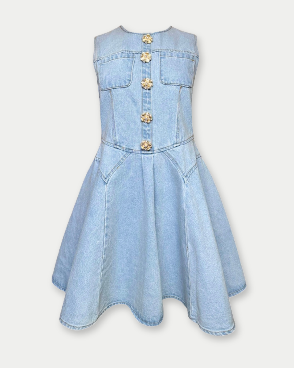 Jeweled Button Denim Flare Mini Dress - Blackbird Boutique