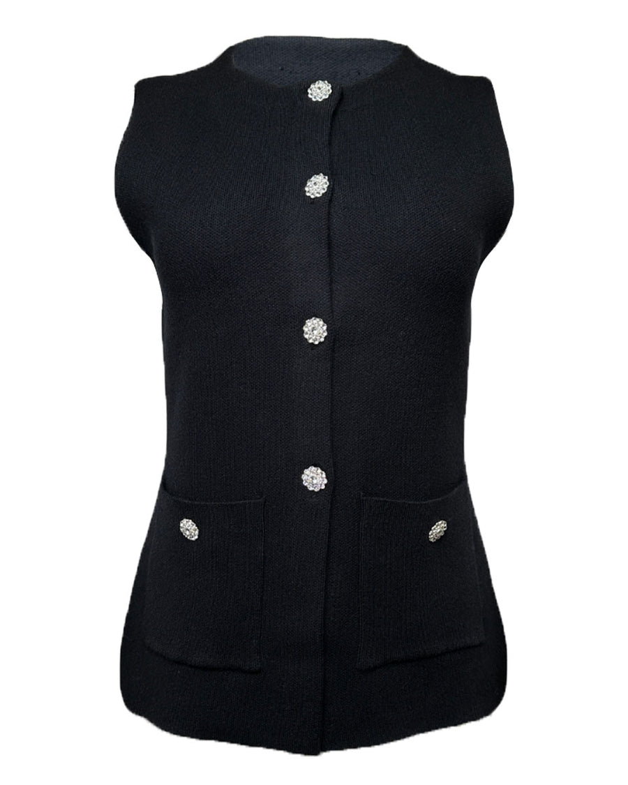 Crystal Button Sweater Vest in Black - Blackbird Boutique