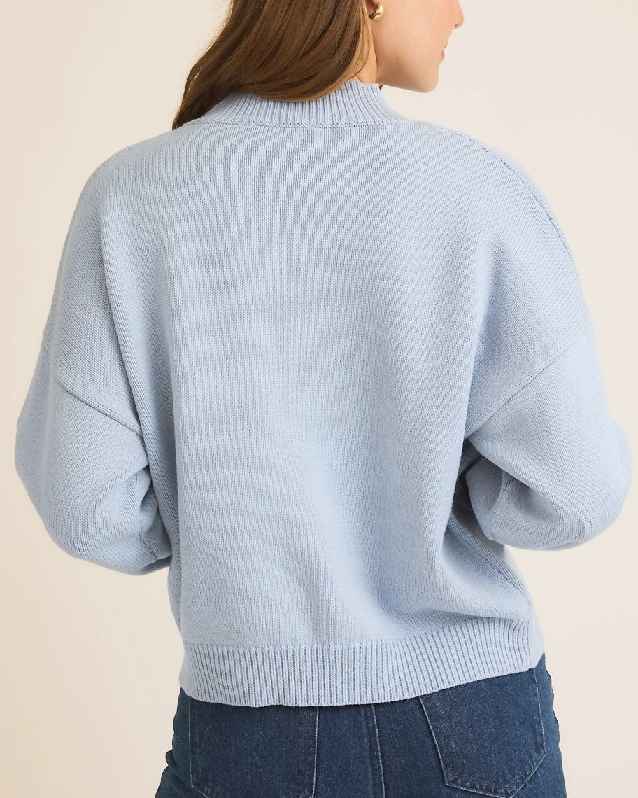 Mock Neck Floral Knit Sweater in Baby Blue