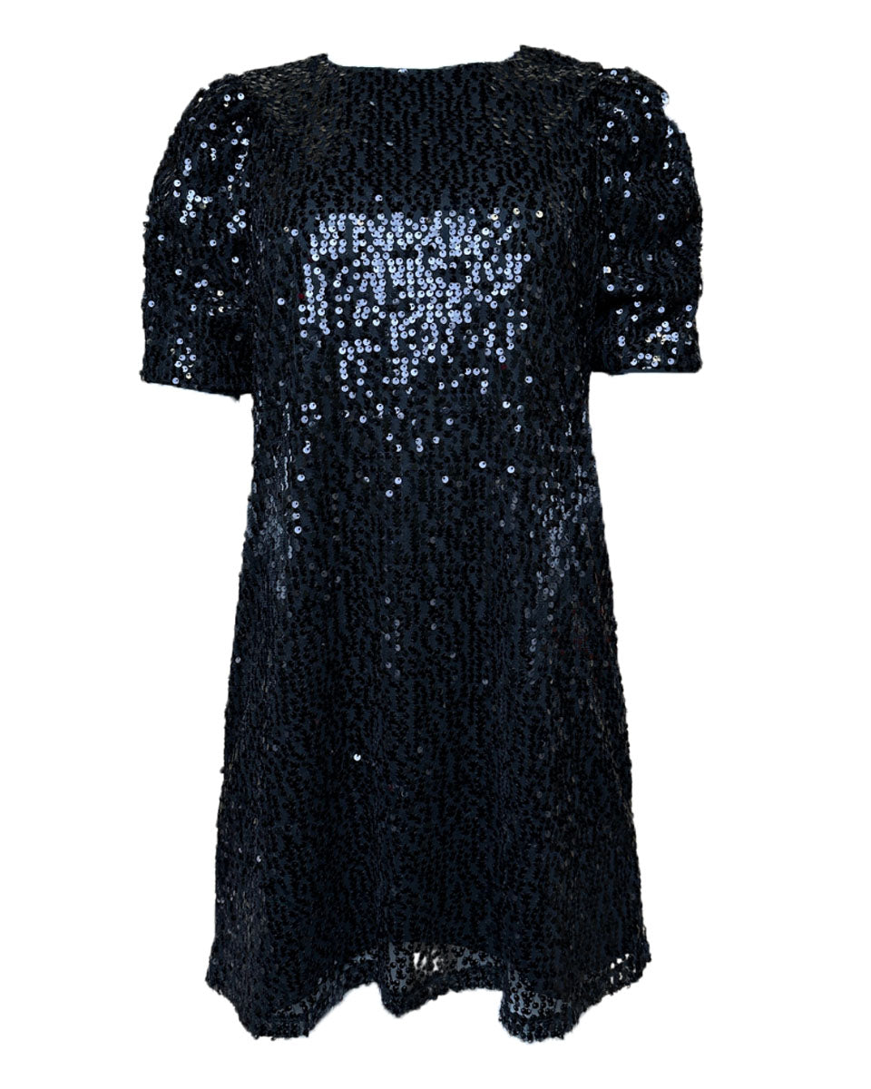 Round Neck Puff Shoulder Sequin Dress in Black - Blackbird Boutique