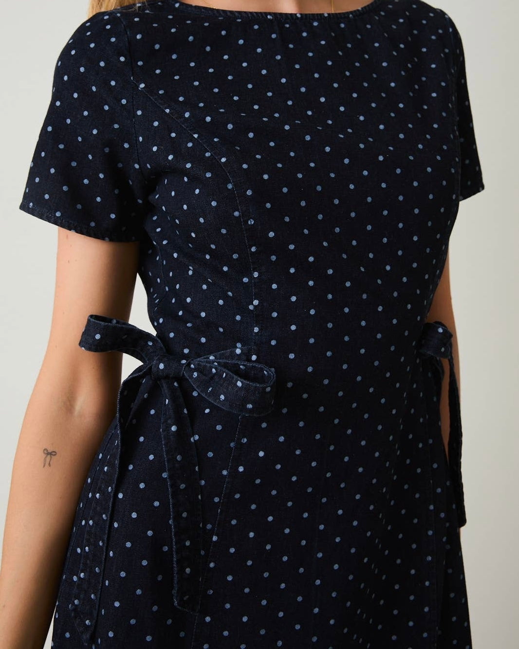 Denim White Dot Side Tie Mini Dress - Blackbird Boutique