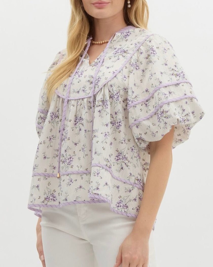 Floral Print Bubble Sleeve Pullover Top in Lavender Mix