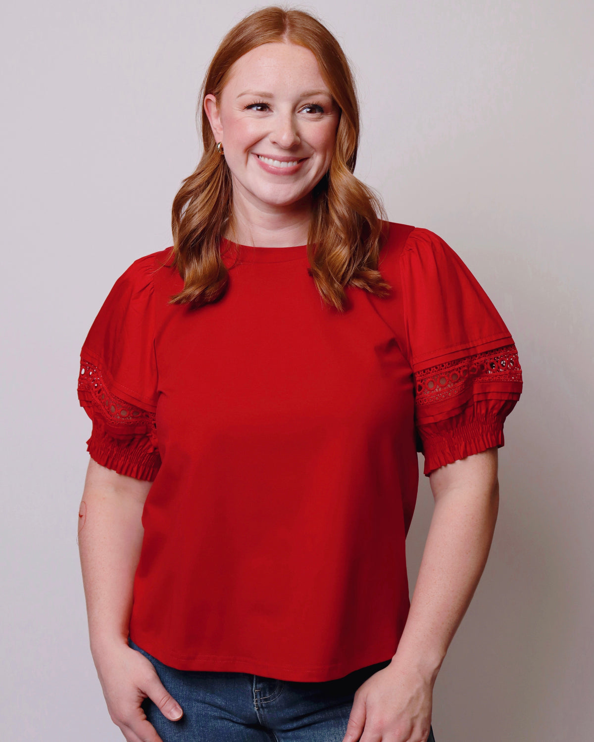Florence Lace Accent Puff Sleeve Top in Deep Red