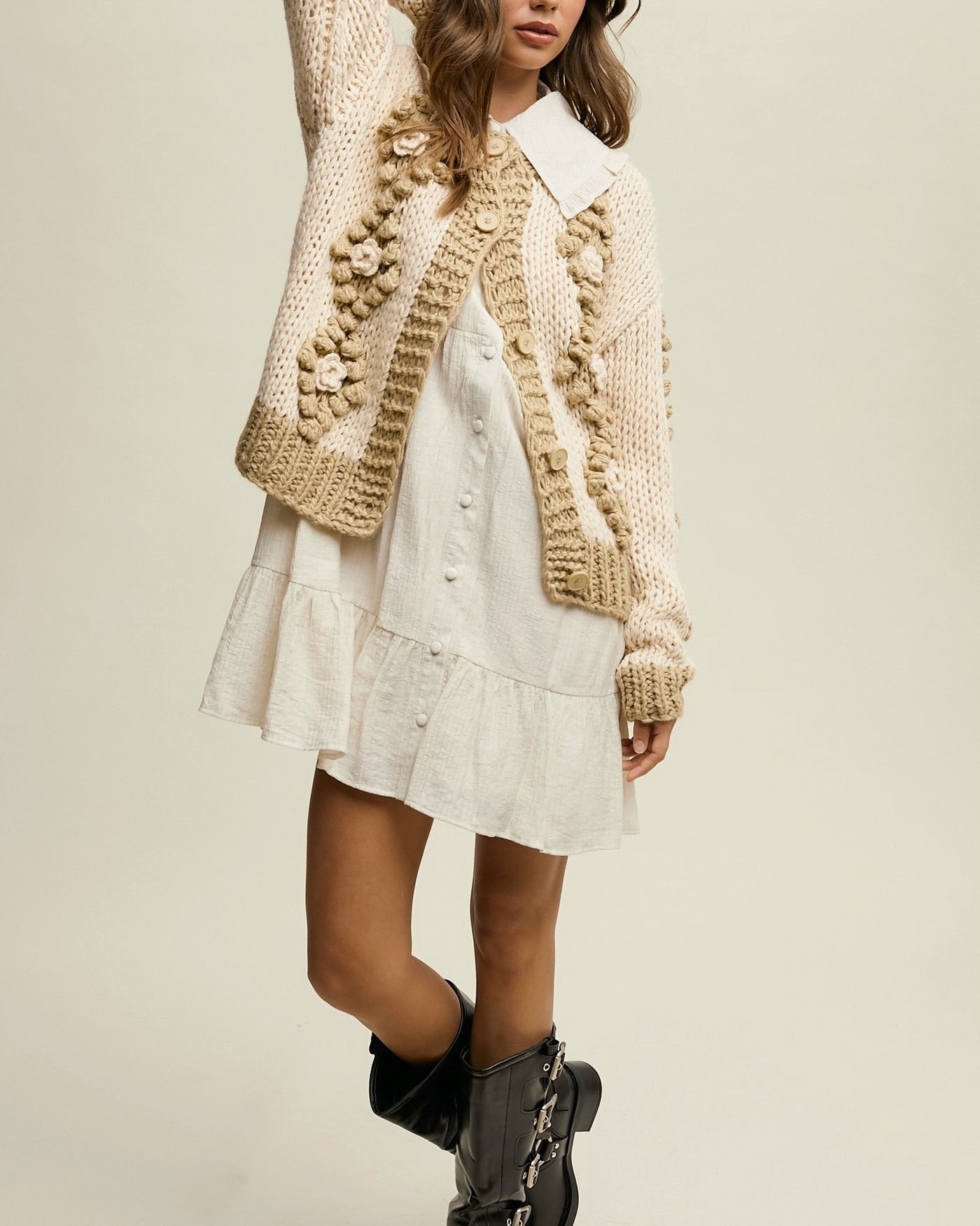 FLOWER DETAIL TUFTED DOT HAND CROCHET CARDIGAN - TAUPE - Blackbird Boutique