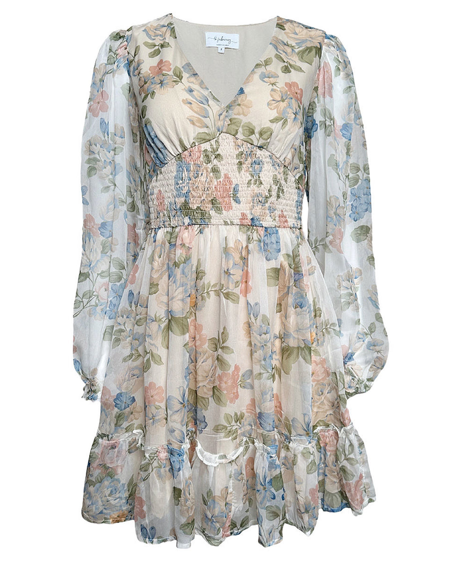 V-NECK FRENCH FLORAL PRINT LONG SLEEVE DRESS