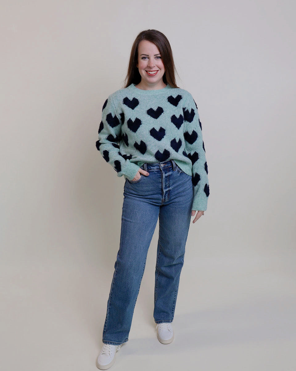 Fuzzy Heart Sweater in Jade Cream - Blackbird Boutique