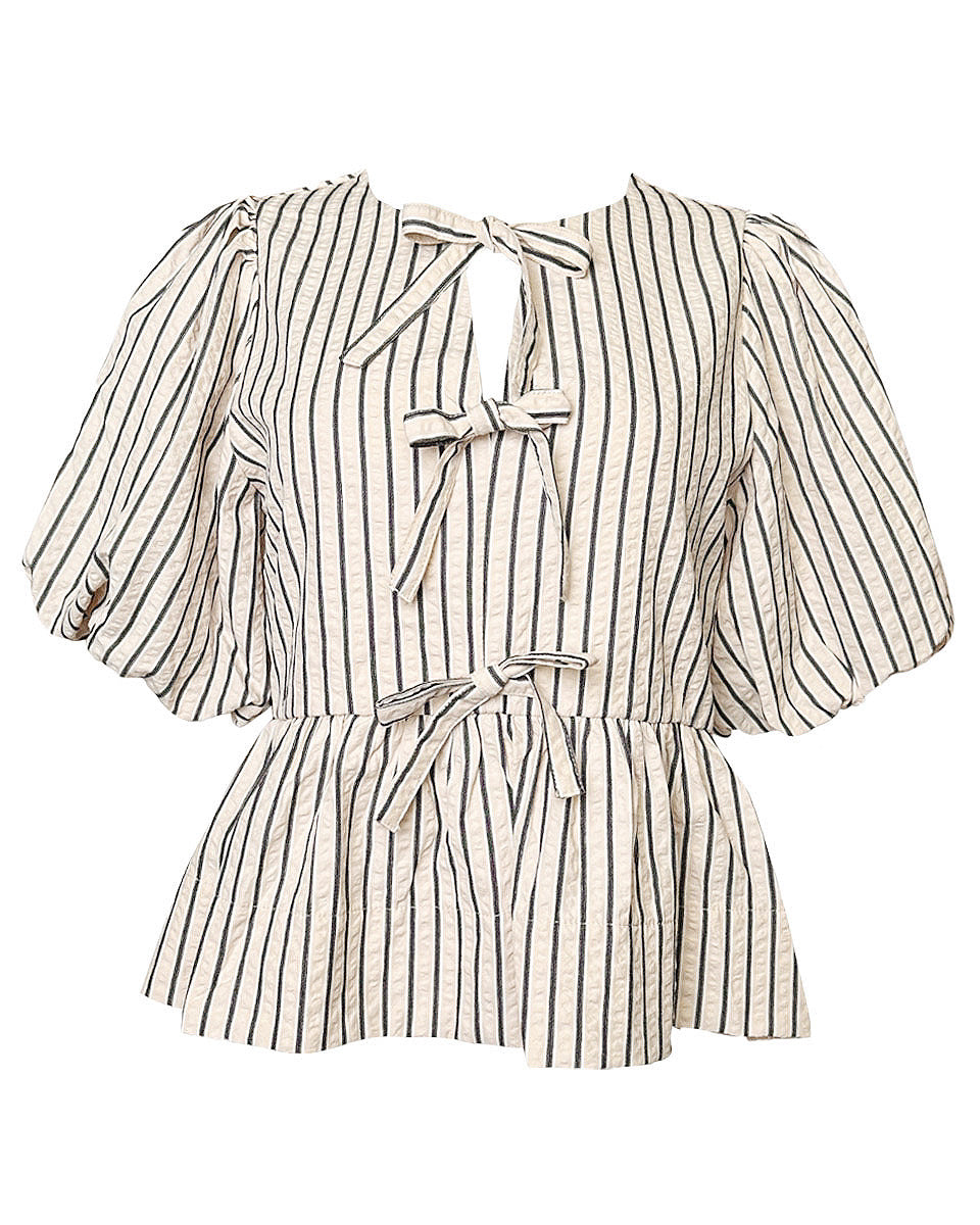 Striped Bubble Sleeve Babydoll Top in Ecru - Blackbird Boutique