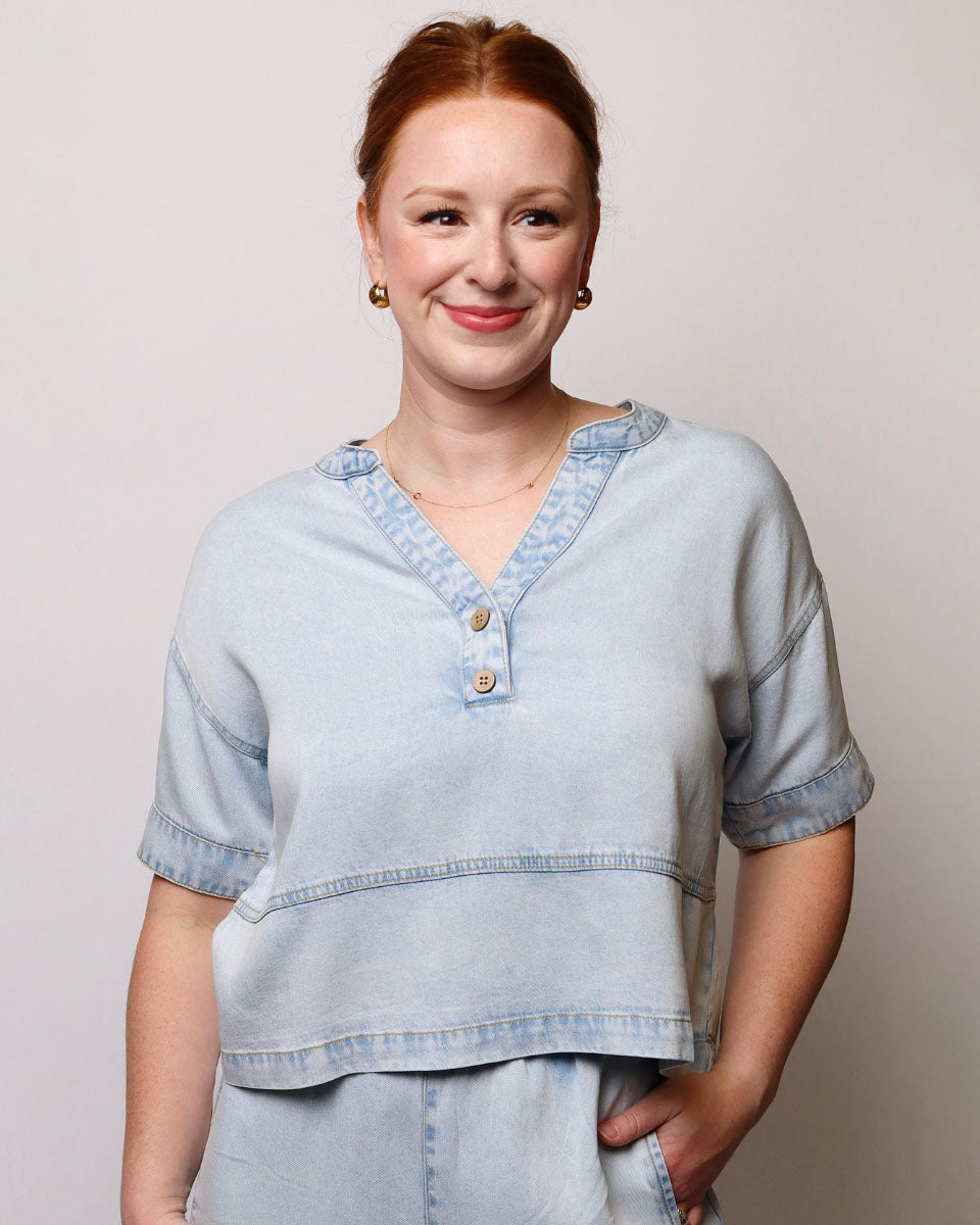 Tori Washed Denim Split Neck Short Sleeve Top