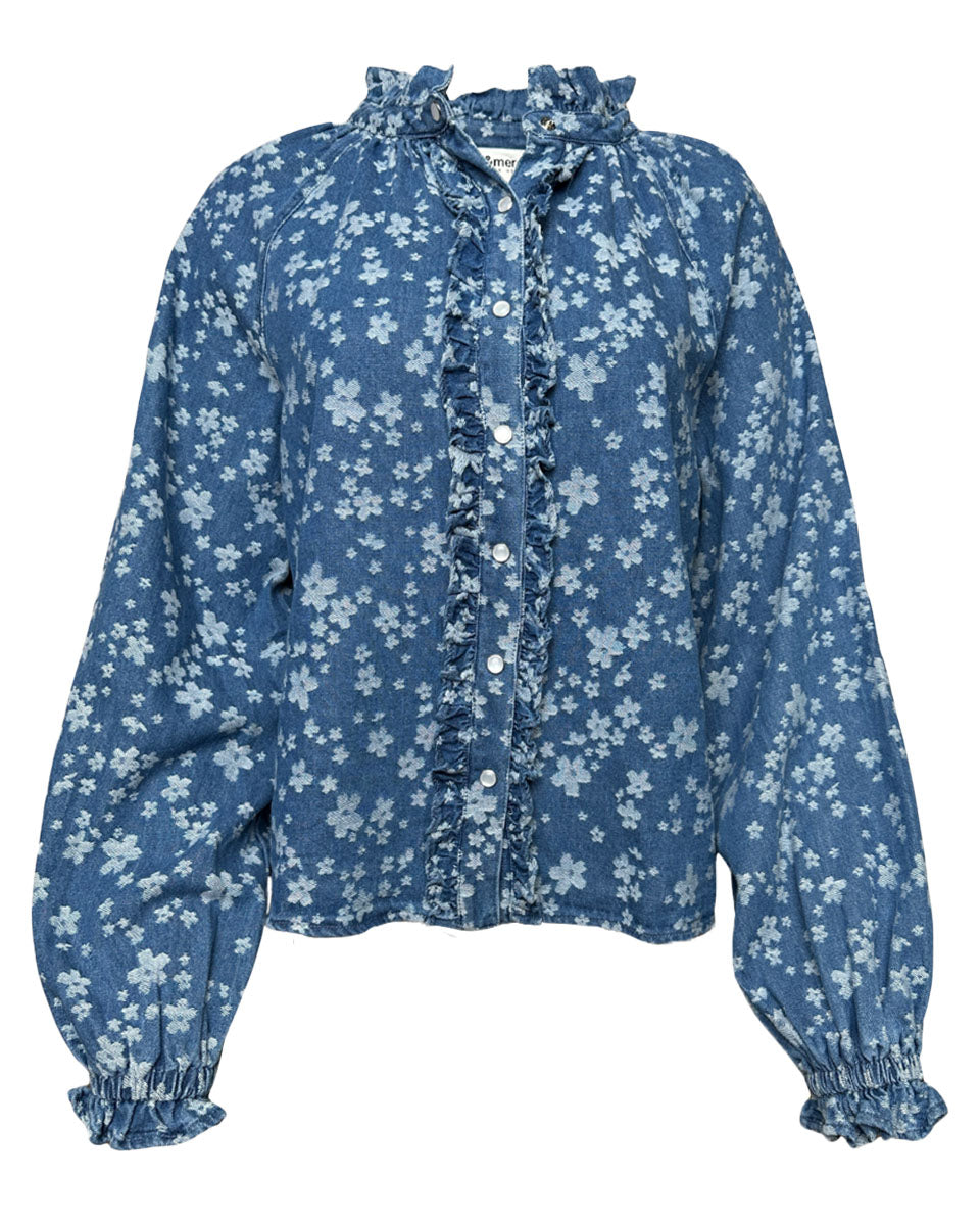 Denim Floral Print Long Sleeve Top - Blackbird Boutique