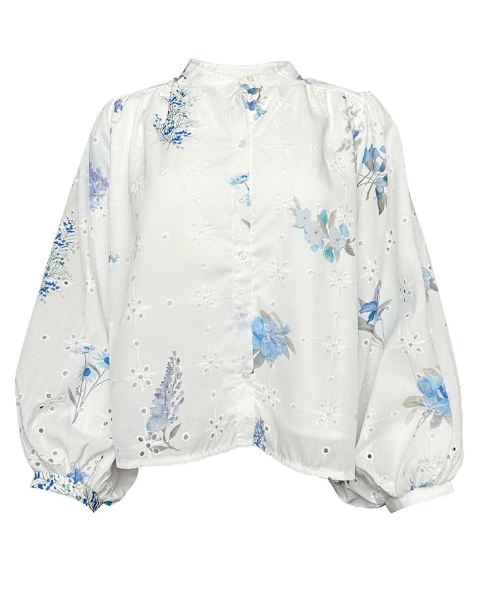 Floral Print Eyelet Dolman Sleeve Top In Blue Combo