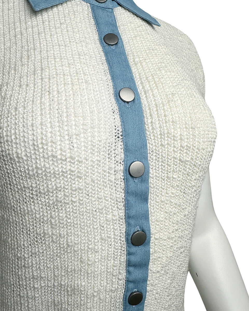 Denim Collar Button Down Knit Top - Blackbird Boutique