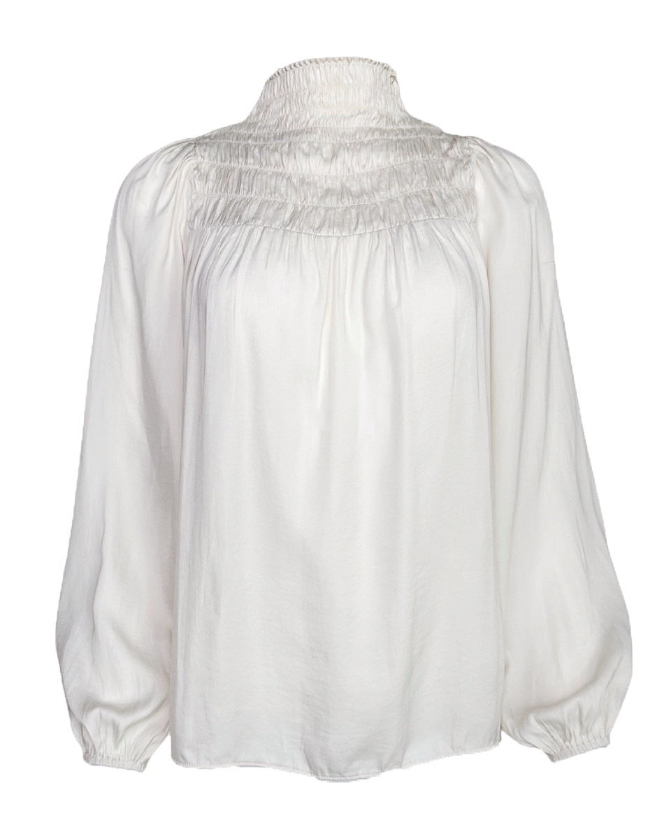 Smocked Mock Neck Satin Blouse - Blackbird Boutique