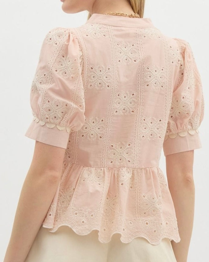 Embroidered Top With Scallop Crochet Trim in Light Pink