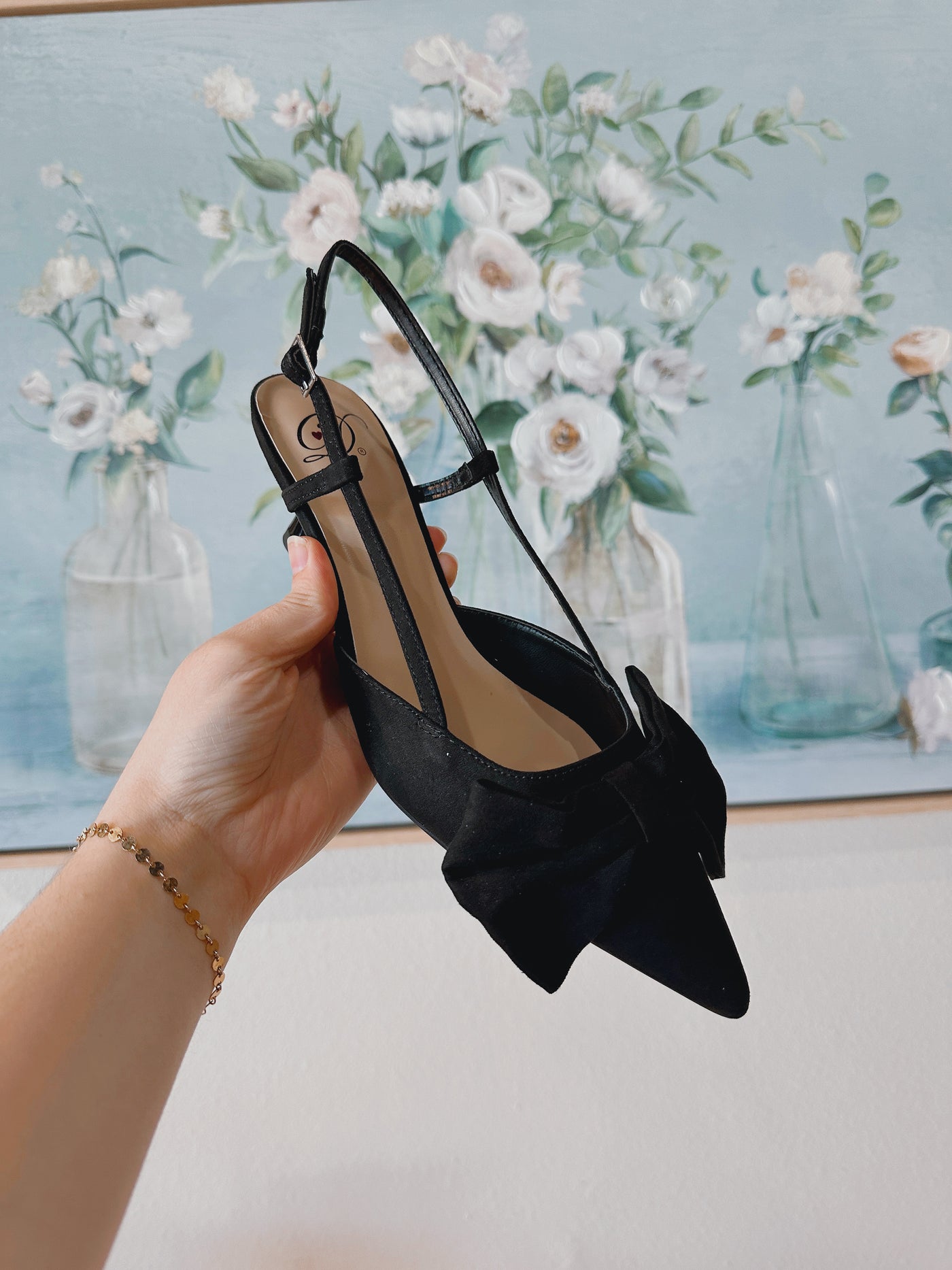 Big Bow Pointed Toe Sling Back Kitten Heel - Blackbird Boutique