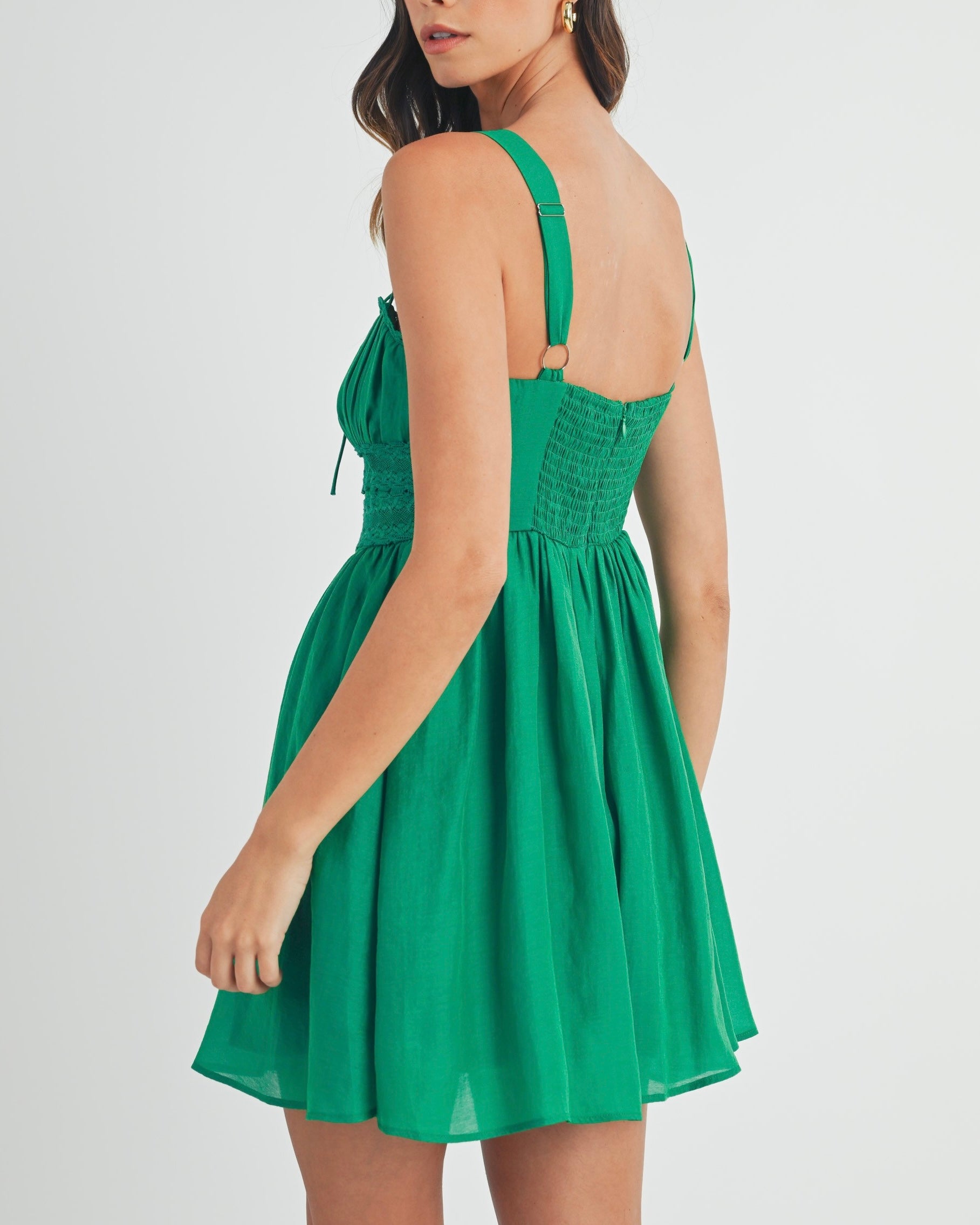 Lace Trimmed Gathered Bust Mini Dress in Kelly Green - Blackbird Boutique