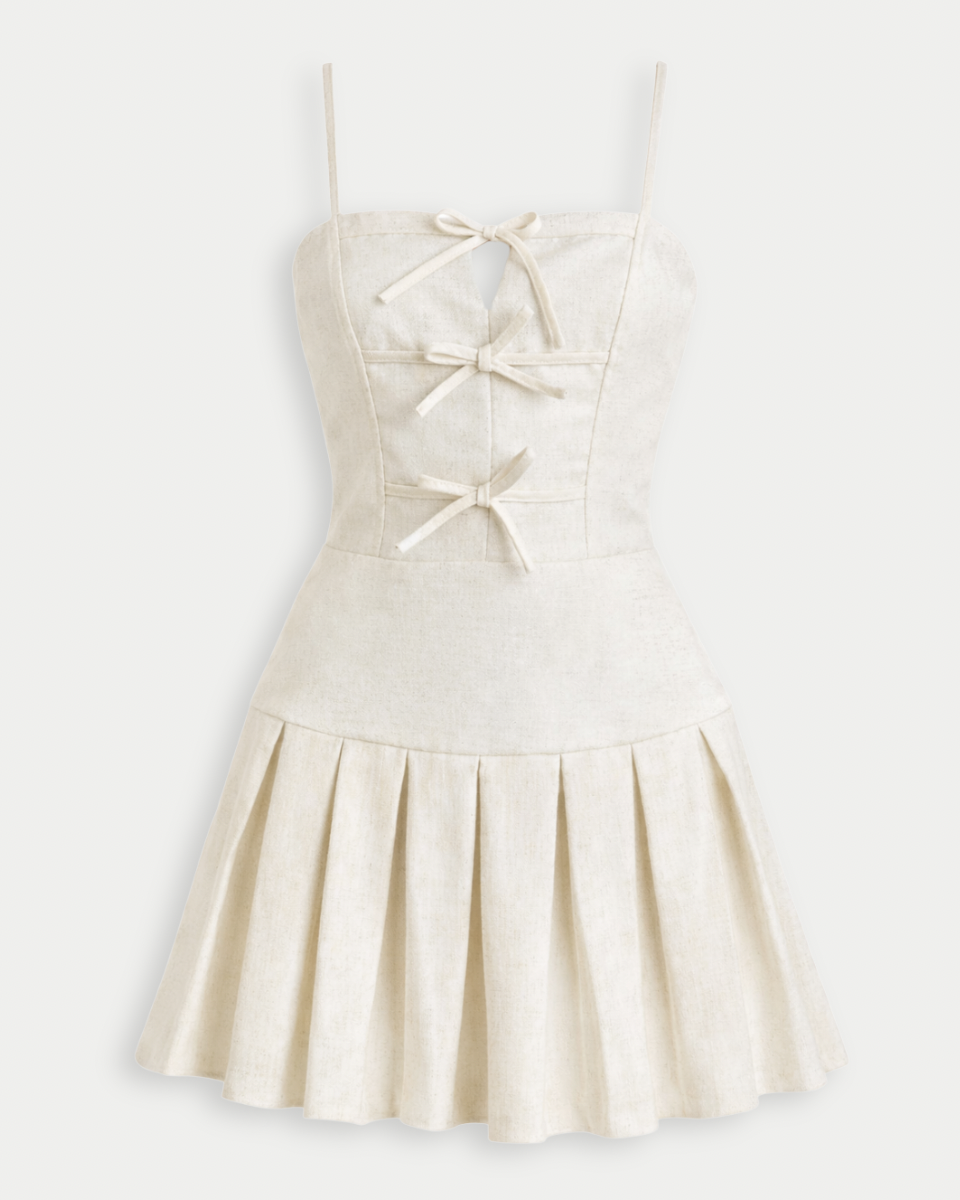 Bow Detailed Pleated Skirt Jacquard Mini Dress