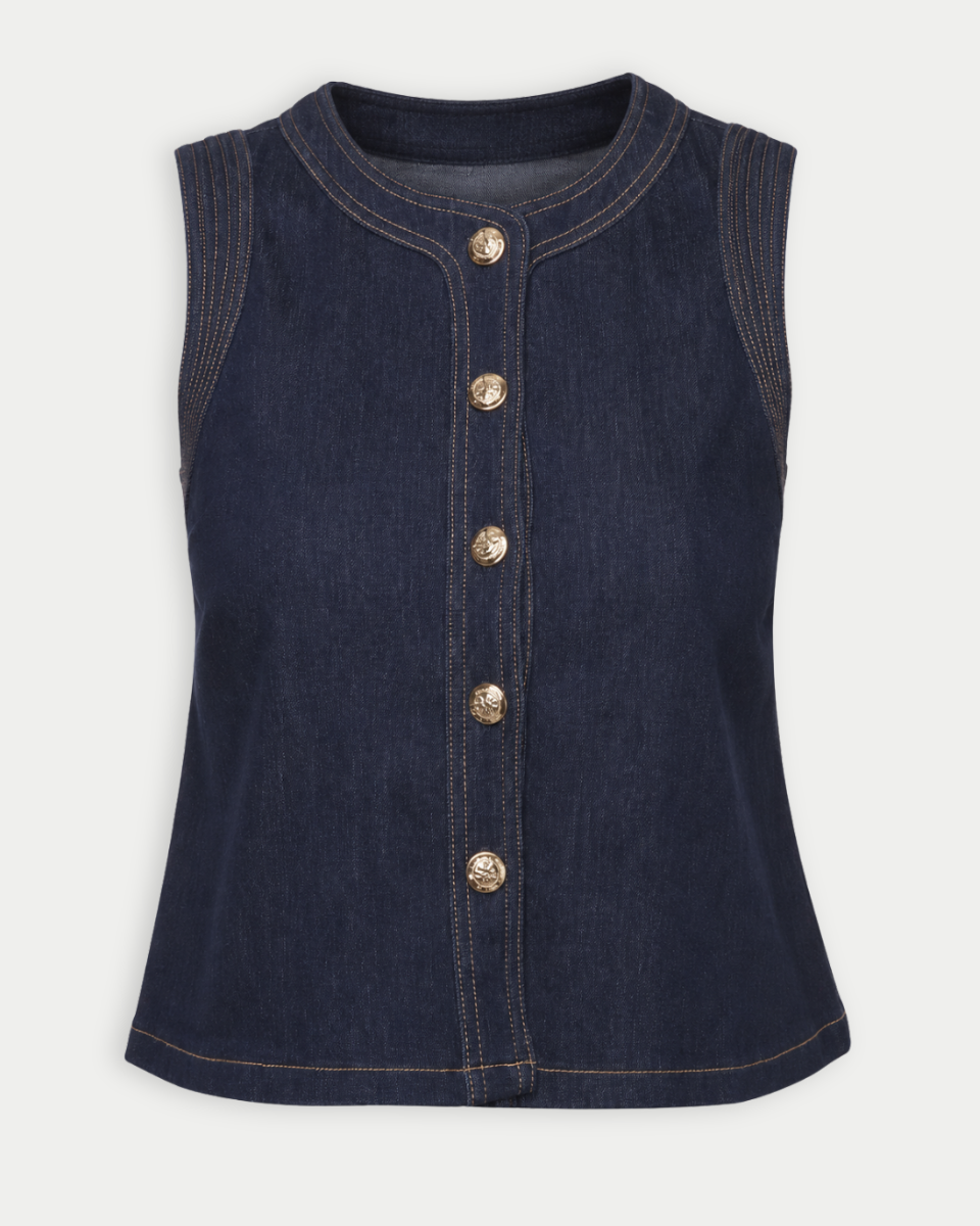 Dark denim vest with gold buttons on a white background