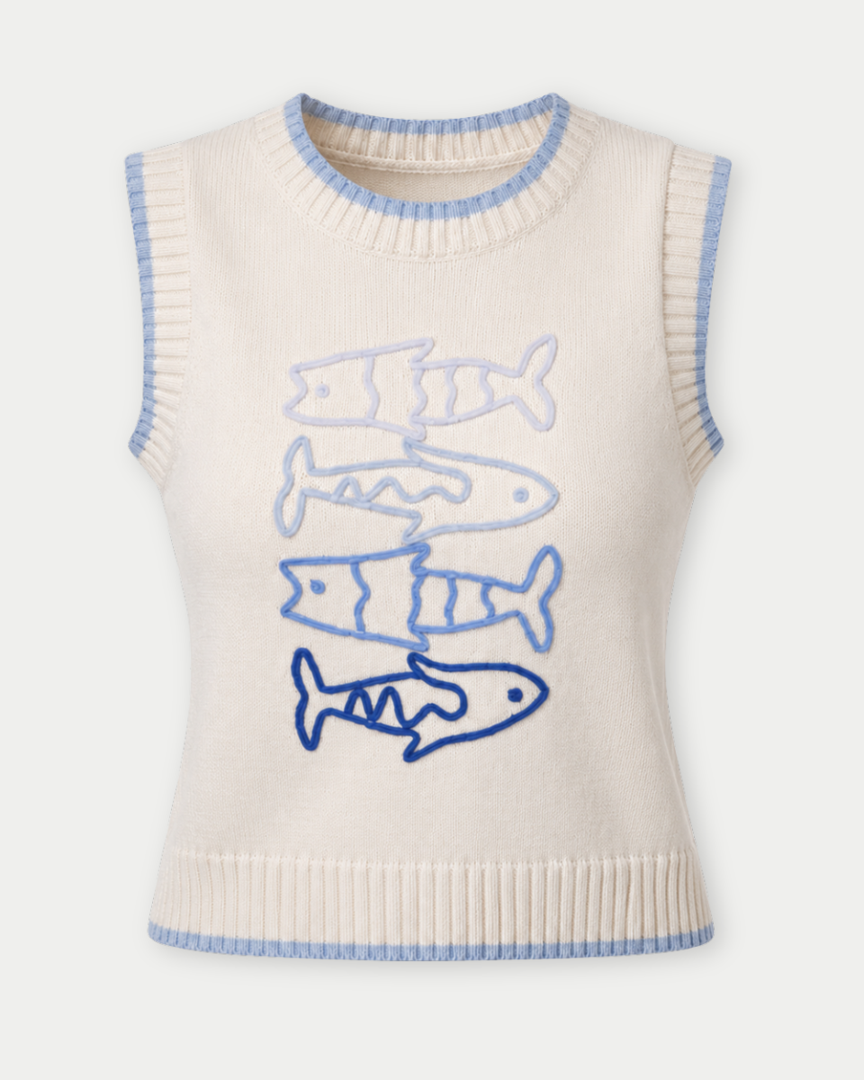 Beige sleeveless sweater vest with embroidered blue fish patterns on a white background