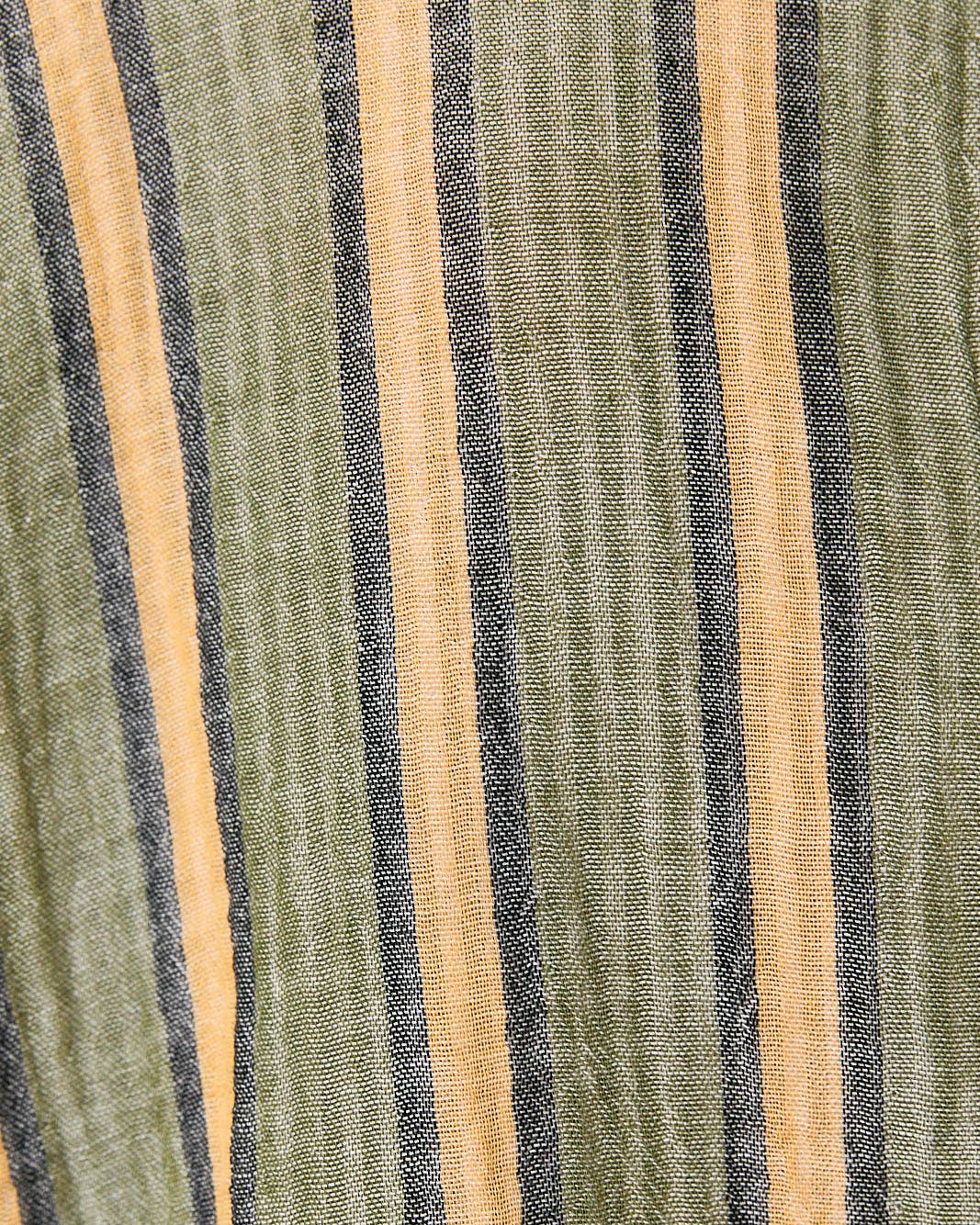 A close-up of a striped fabric texture with vertical bands of olive green, warm tan, and dark charcoal gray.