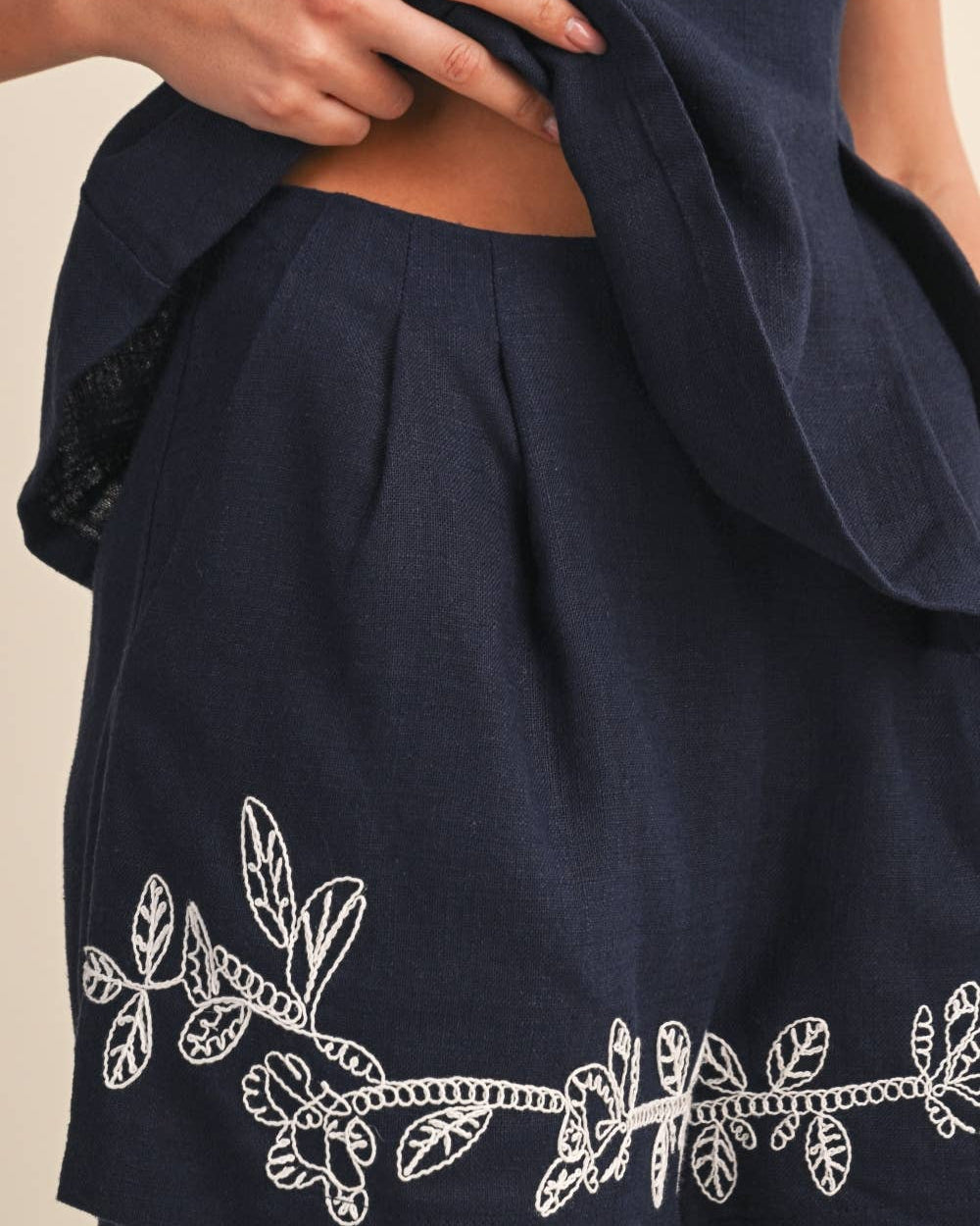 FLORAL APLIQUE SHORTS - on a model with a neutral background Blackbird Boutique