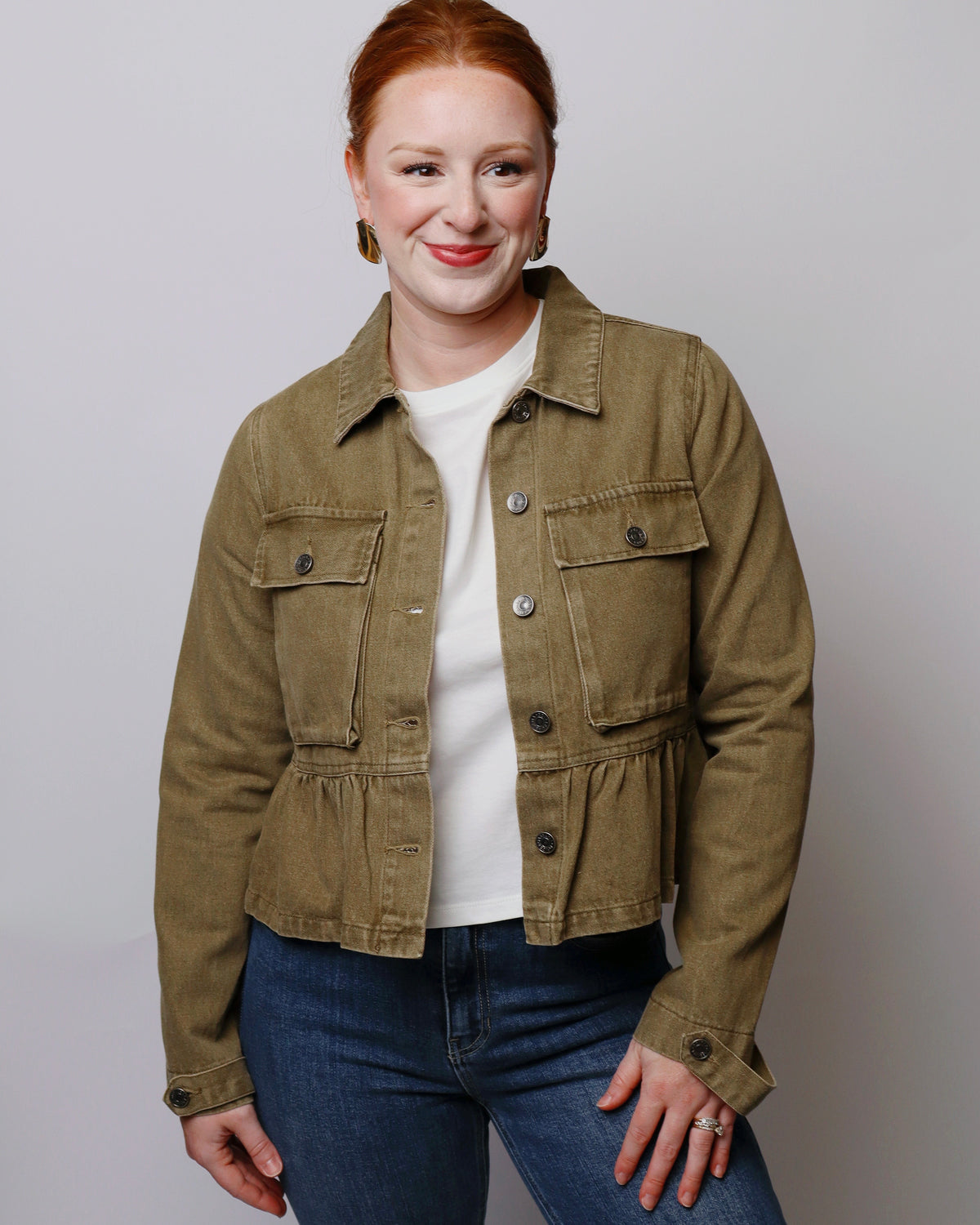 Aria Denim Peplum Hem Front Button Jacket