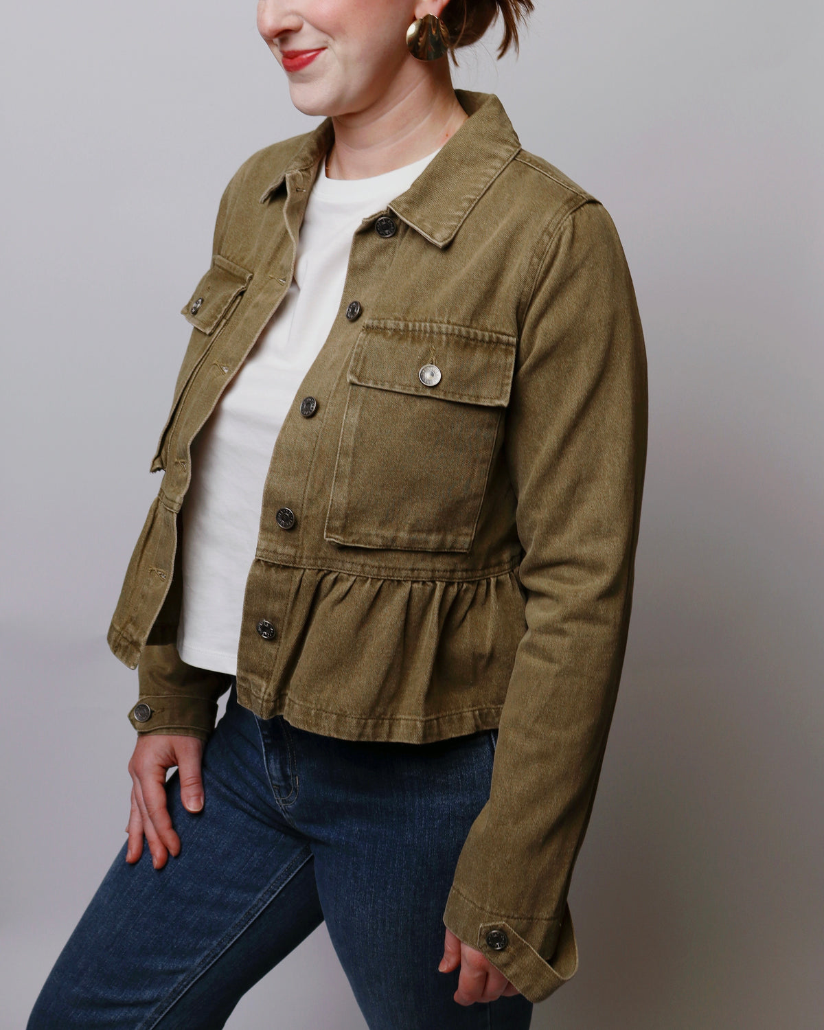 Aria Denim Peplum Hem Front Button Jacket