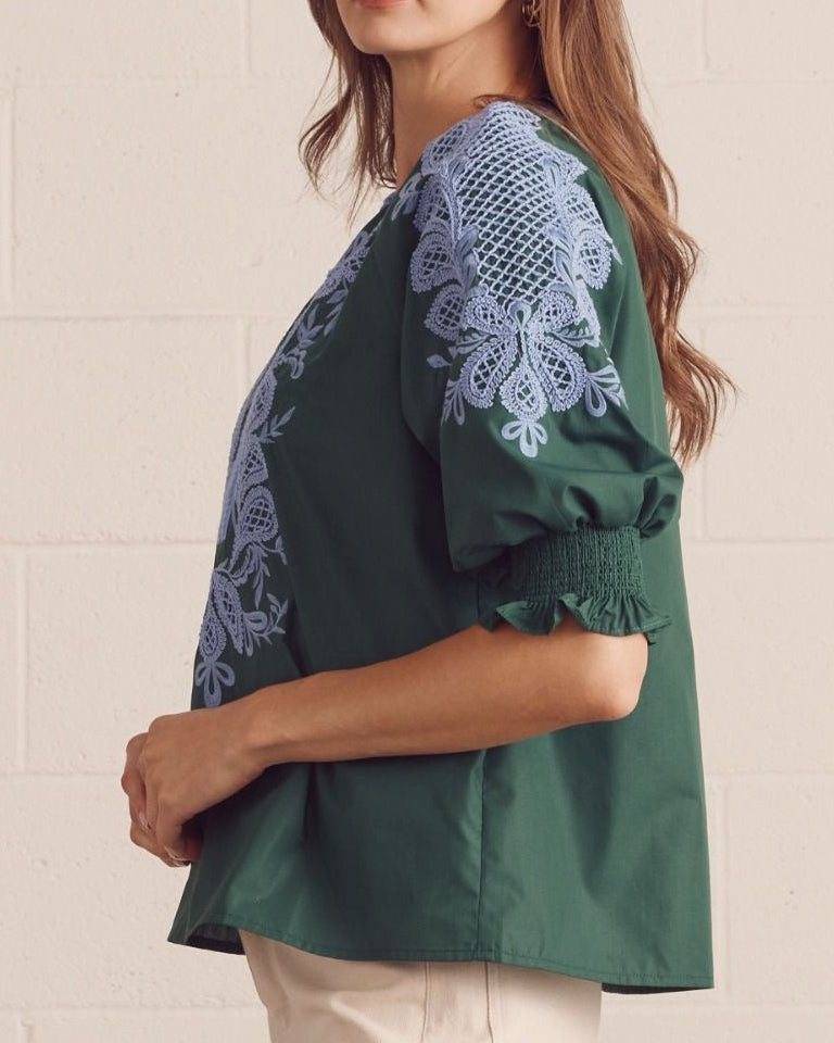 Model wearing a green blouse with blue embroidery against a neutral background side view